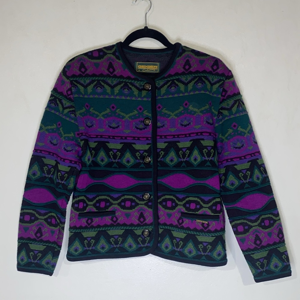 Vintage Geiger Retro Geometric MultiColored 100% Pure Virgin Wool Heavy Cartigan